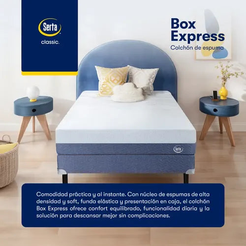 Colchón En Caja 2 Plazas 140x190 Espuma De Alta Densidad En Caja Serta Box Express Blanco Y Azul Blanco/azul