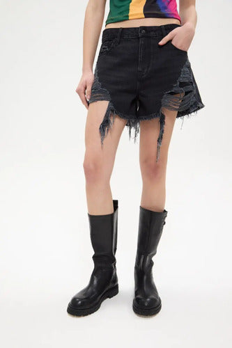 Short Jean Fringe Cher Mix De Mujer Algodón Negro 30