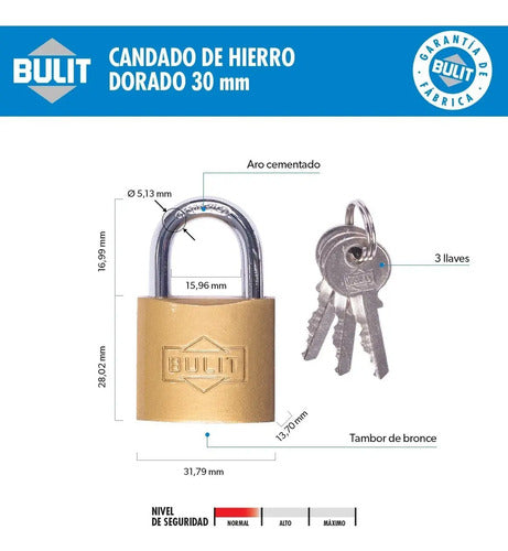 Candado Hierro Dorado Nro 30 C/ 3 Llaves Bulit