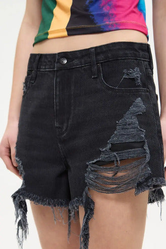 Short Jean Fringe Cher Mix De Mujer Algodón Negro 24