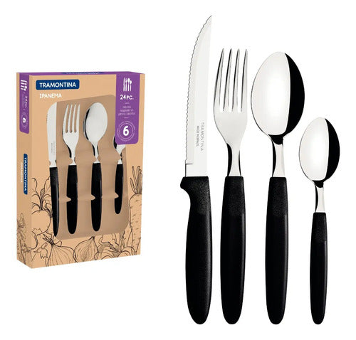 24 Cubiertos Tramontina Ipanema Acero Inox Pvc Negro Caja