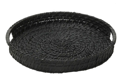 Bandeja Redonda De Bamboo Y Rattan Negro Con Asas Trendy Corner Negro L