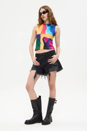 Short Jean Fringe Cher Mix De Mujer Algodón Negro 24