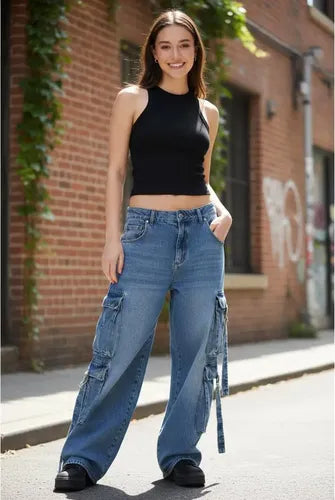 Jean Cargo Con Bolsillos Anchos Mujer Cher Mix Tiro Bajo
