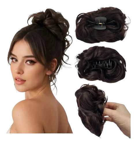 Rodete con Broche de Pelo Sintético Opaco Castaño Oscuro · 17215 · foto 01