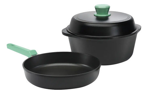 Set De Cocina X2 Sartén 24cm + Cacerola 24cm De Aluminio Fundido Con Recubrimiento Antiadherente Sin Pfoa Verde Tio Tito Verde Esmeralda