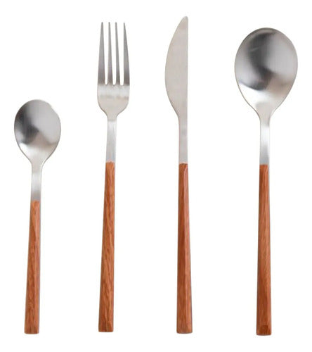 Set Cubiertos 16 Piezas Plateado Mango Símil Madera Lujo Plateado
