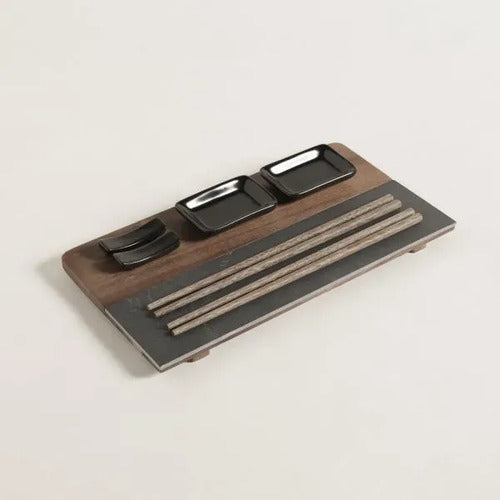 Set De Sushi Para 2 Con Palillos Y Dips De Madera Y Laja