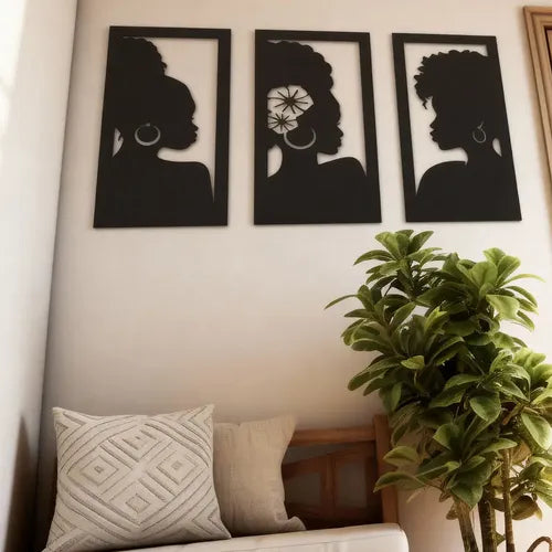 Cuadro Madera Calado Moderno Decorativo Mujeres Africa Negro