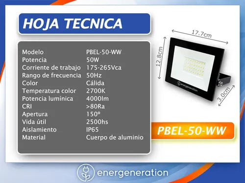 Reflector Energeneration Pbel-50-ww 50w Led Luz Cálida Negro