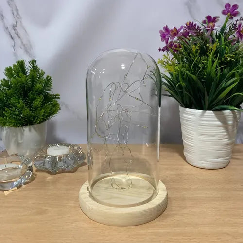 Lámpara De Mesa Hants Led Cúpula Vidrio Base Madera Luz Cálida A Pilas Marrón Transparente