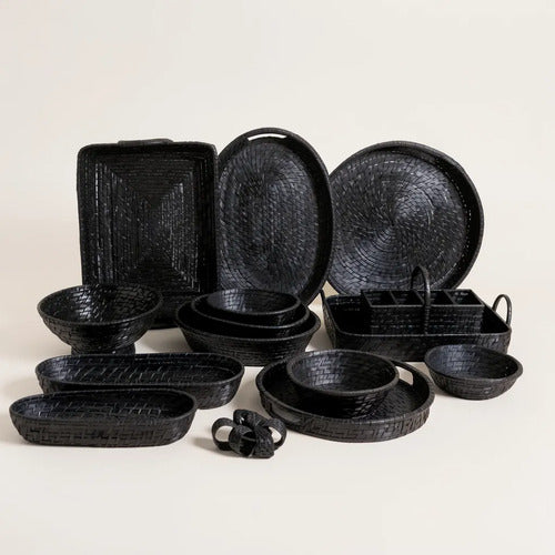 Cubiertero Bamboo Y Rattan Organizador Cubiertos 35 X 25 Cm Negro