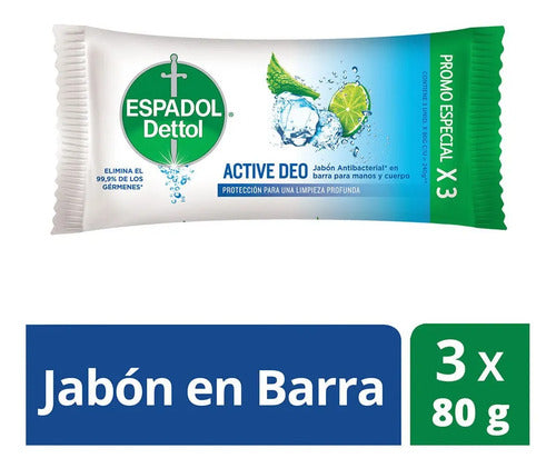 Espadol Dettol - Jabon Antibacterial Active Deo 3 x 80 Gr · 17409 · foto 01