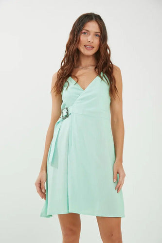 Vestido Corto De Lino Hebilla Cruzada Escote V Rimmel Verde