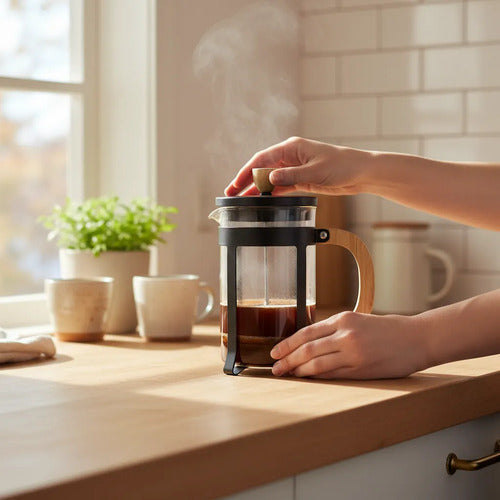 Cafetera Negra De Vidrio Y Bamboo Embolo Bambu 800cc Negro
