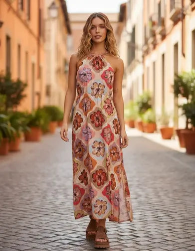 Vestido Largo Escote Halter Rimmel Cambeige Floreado S