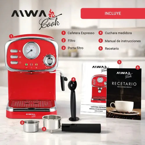 Cafetera Espresso Estilo Vintage Aiwa 1,25 L Con Vaporizador Color Rojo