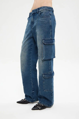Jean Cargo Acid Con Bolsillos Ancho Chermix Mujer Algodon