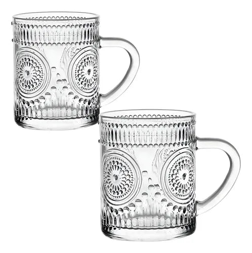 Set X2 Tazas Vidrio Labrado Arabesco 250 Ml Vajilla Vintage