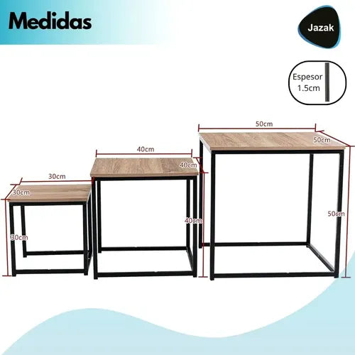 Juego Set X 3 Mesas Ratona Jazak / Nido / Optimiza Espacios / Auxiliar / Arrime / Muebles De Living / Diseño Industrial / Madera Mdf + Hierro / Moderno / Hogar Decoración Minimalista / Fácil De Armar