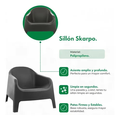 Sillon Plastico Skarpo Exterior Jardin Apilable X2 + Mesa Ratona Sunset Color Negro Gardenlife