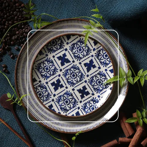Platos Postre X6 Cerámica Beige C/deco Azteca Azul 20,5cm
