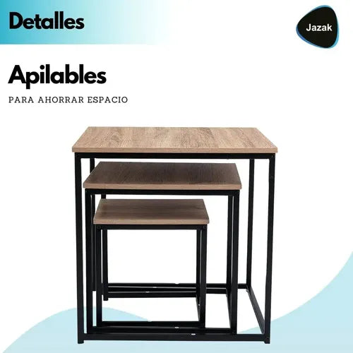 Juego Set X 3 Mesas Ratona Jazak / Nido / Optimiza Espacios / Auxiliar / Arrime / Muebles De Living / Diseño Industrial / Madera Mdf + Hierro / Moderno / Hogar Decoración Minimalista / Fácil De Armar