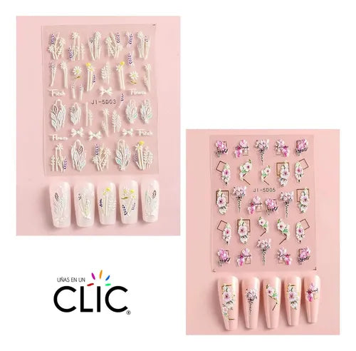 2 Stickers Adhesivos Para Uñas 5d - Nail Art Flores 04 Foreal