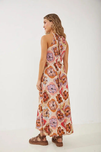 Vestido Largo Escote Halter Rimmel Cambeige Floreado S