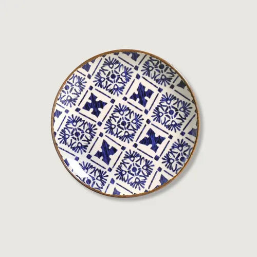 Platos Postre X6 Cerámica Beige C/deco Azteca Azul 20,5cm
