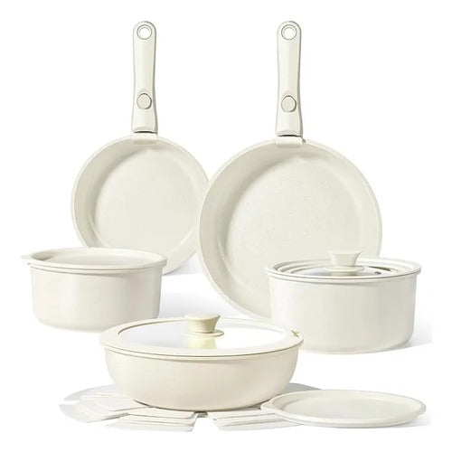 Bateria Cocina Antiahderente Ollas 9 Pcs Mango Desmontable Crema