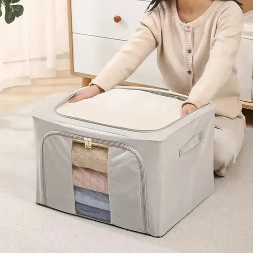Caja Canasto Organizador Xl Con Cierre Organización Frazada Acolchado Beige Craco