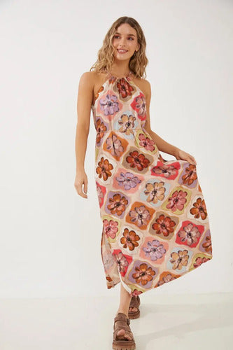 Vestido Largo Escote Halter Rimmel Cambeige Floreado L