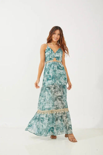 Vestido Largo Rimmel Mateo Gasa Escote V Fiesta Verde