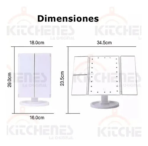 Espejo De Belleza Tocador Plegable De Tres Caras Con Luz Led Blanco