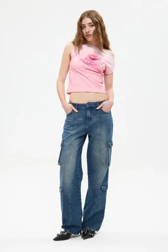 Jean Cargo Acid Con Bolsillos Ancho Chermix Mujer Algodon