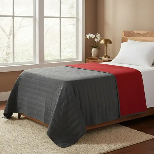 Cubrecama Reversible Plaza Y Media 1 1/2 Gris Rojo Liso