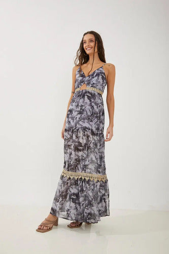 Vestido Largo Rimmel Mateo Gasa Escote V Fiesta Azul