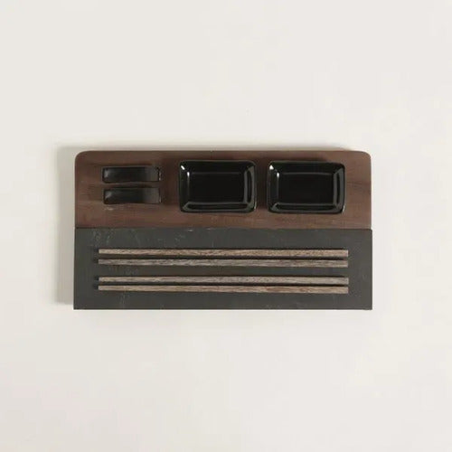 Set De Sushi Para 2 Con Palillos Y Dips De Madera Y Laja