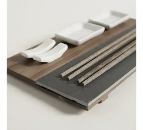 Set De Sushi Para 2 Palillos Dips Madera Laja Blanco Madera