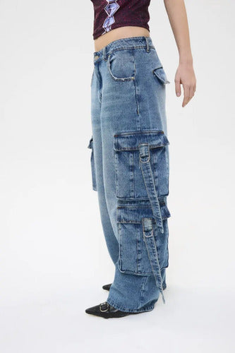 Jean Cargo Con Bolsillos Anchos Mujer Cher Mix Tiro Bajo