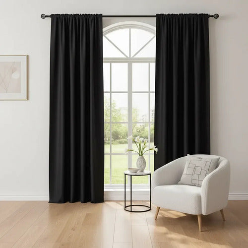 Juego Cortinas Listas P/colgar Microfibra 2 Paños 220x220 Cm Negro