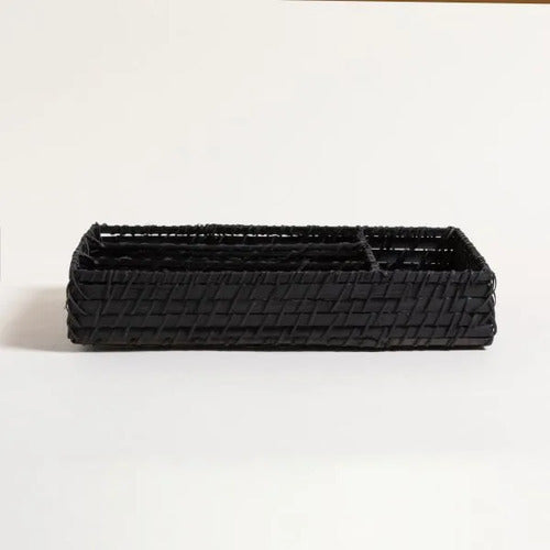 Cubiertero Bamboo Y Rattan Organizador Cubiertos 35 X 25 Cm Negro