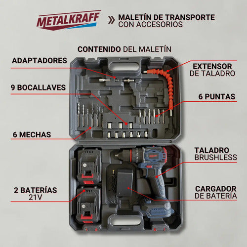 Taladro Inalámbrico Percutor Brushless Metalkraff 21v 50 Nm