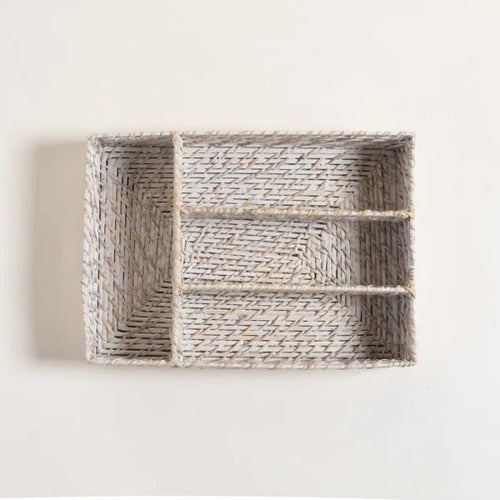 Cubiertero Bamboo Y Rattan Organizador Cubiertos 35 X 25 Cm Blanco