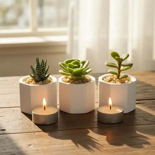 Portavelas Octogonal Yeso Velas Deco Home Blanco Cera Soja