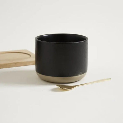 Set X3 Copetineros Oslo Porcelana Negra Base Bamboo Negro