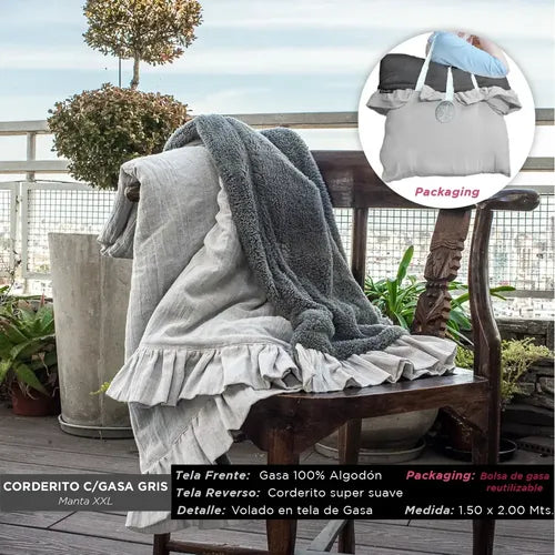 Manta de Gasa de Algodón con Corderito Dina Gerade 170x140 cm Gris · 15910 · foto 04
