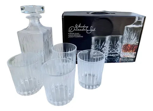 Set Mishka De 4 Vasos Whisky Vidrio 350ml Y Botella 750ml Diseño Líneas Cristal