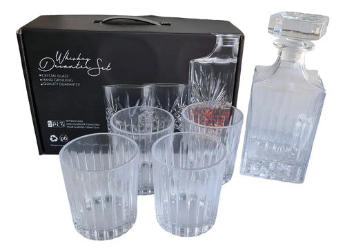 Set Mishka De 4 Vasos Whisky Vidrio 350ml Y Botella 750ml Diseño Líneas Cristal